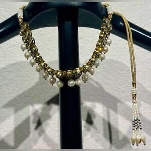 Vintage Indian Gold-tone Choker Necklace with Clear Gemstones & Faux Pearls